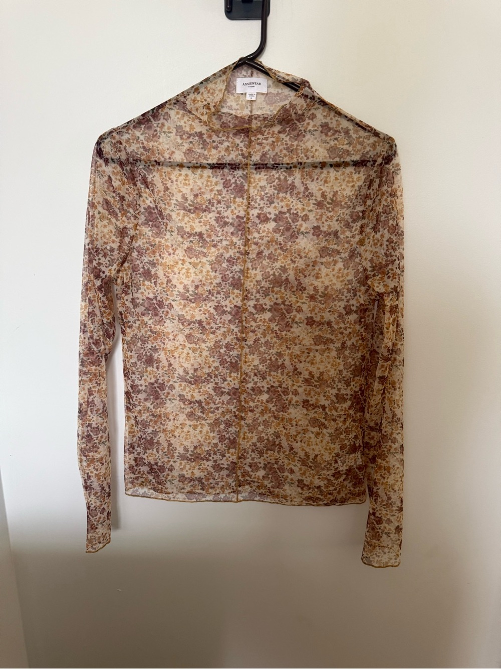 Anniewear Sheer Floral Mock Neck Top in Beige and Brown